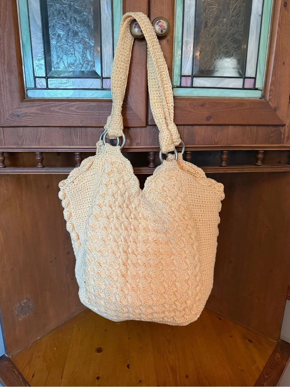 The Sak Vintage Y2K Cream Hand Crochet Hobo Shoulder Bag Textured Bubble Knit